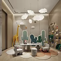 Kids Playroom with Cloud Pendant Lights Giraffe Plush Toy Cactus Decorations and Upholstered Seats