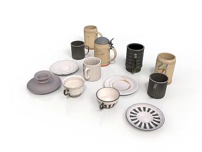 Everyday Household Tableware Collection Featuring Ceramic Mugs And Plates In Various Designs 3d model