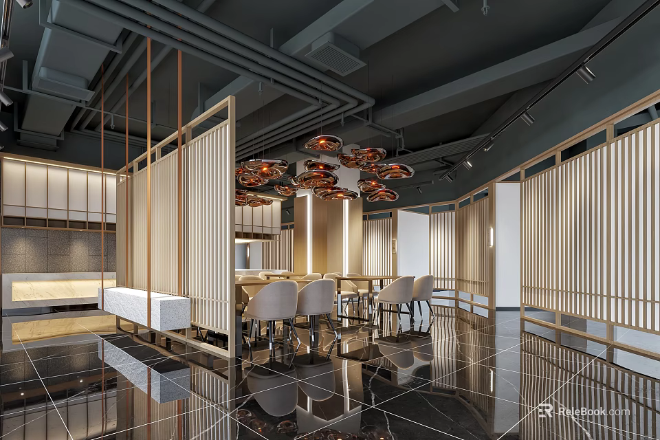 Modern Restaurant Interior With Wooden Slat Partitions Pendant Lights And Reflective Flooring 3d model 