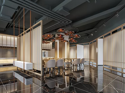 Modern Restaurant Interior With Wooden Slat Partitions Pendant Lights And Reflective Flooring 3d model