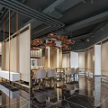 Modern Restaurant Interior With Wooden Slat Partitions Pendant Lights And Reflective Flooring