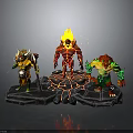 Armored Warrior Fire Elemental And Green Clawed Monster On Lava Platform With Flames