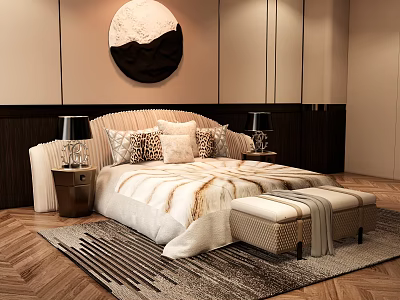 Modern Bedroom Interior With Round Mountain Artwork Bedside Lamps Footstool And Wooden Floor Rug 3d model
