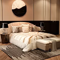 Modern Bedroom Interior With Round Mountain Artwork Bedside Lamps Footstool And Wooden Floor Rug