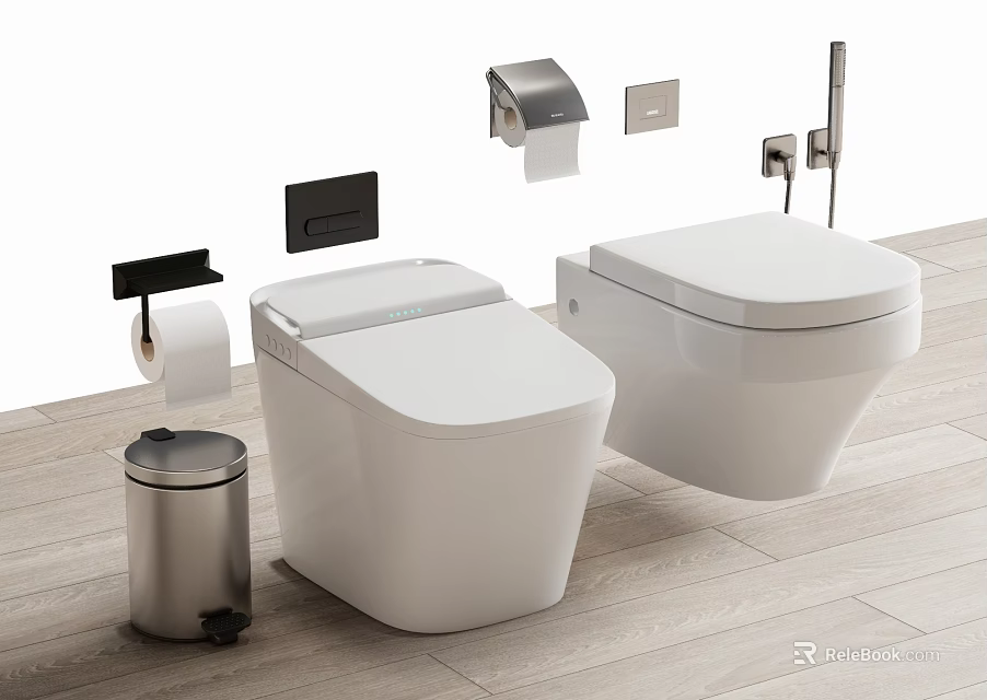 Modern Bathroom Toilets With Trash Can Toilet Paper Holder And Accessories 3d model 