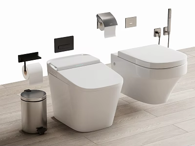 Modern Bathroom Toilets With Trash Can Toilet Paper Holder And Accessories 3d model