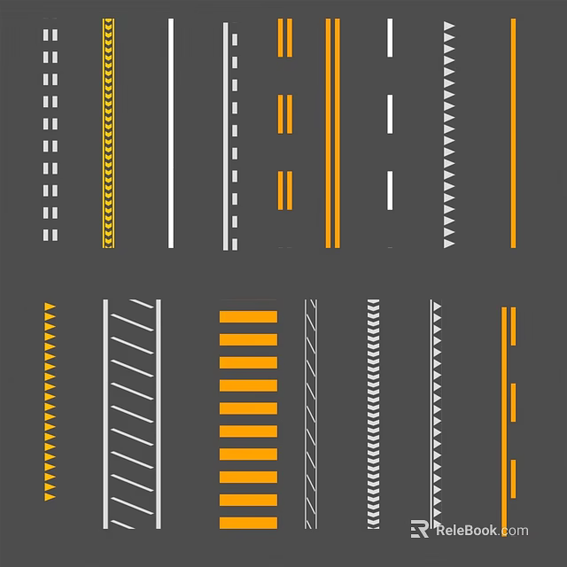 Road Infrastructure Featuring Various Traffic Markings White Dashed Yellow Solid And Striped Lines 3d model 