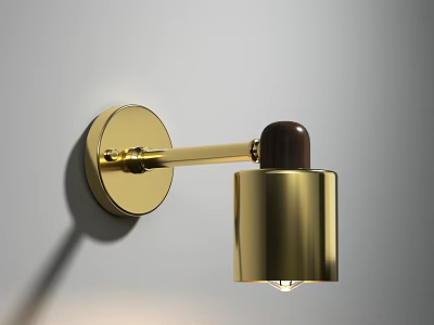 Modern Gold Metal Wall Light With Wooden Accent And Cylindrical Shade 3d model