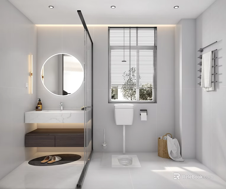 Modern Bathroom Interior Design With Round Mirror Vanity Toilet Window Blinds And Lighting 3d model 