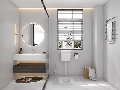 Modern Bathroom Interior Design With Round Mirror Vanity Toilet Window Blinds And Lighting 3d model