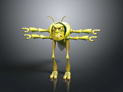 Yellow Insect Cartoon 3D Model Character With Multiple Arms Legs And Frowning Expression 3d model