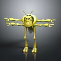 Yellow Insect Cartoon 3D Model Character With Multiple Arms Legs And Frowning Expression