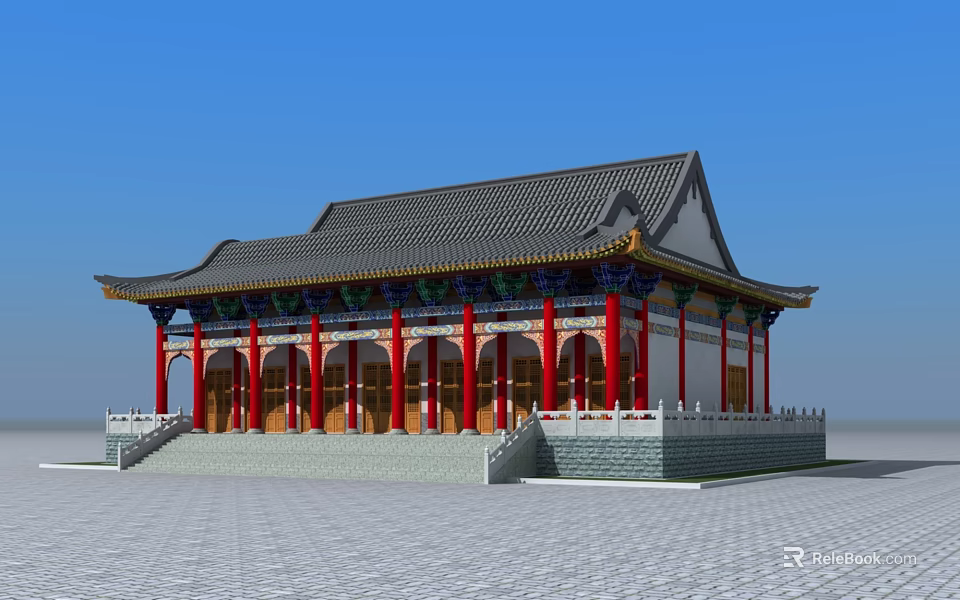 Ancient Chinese Architecture With Red Pillars Gray Tiled Roof Overhanging Eaves And Colorful Decorations 3d model 
