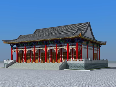 Ancient Chinese Architecture With Red Pillars Gray Tiled Roof Overhanging Eaves And Colorful Decorations 3d model