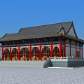 Ancient Chinese Architecture With Red Pillars Gray Tiled Roof Overhanging Eaves And Colorful Decorations