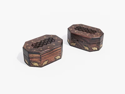 Vintage Wooden Octagonal Boxes With Carved Patterns And Decorative Surface Details 3d model