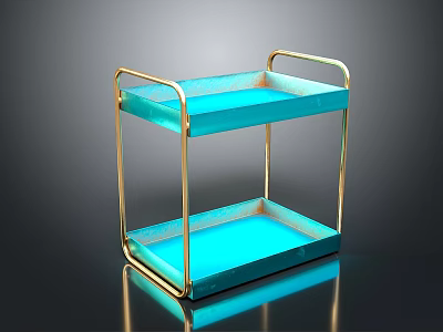 Modern Two Tiered Gold Frame Blue Tray Serving Cart Furniture for Home Decor 3d model