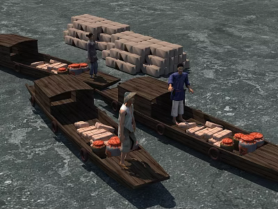 Traditional Wooden Boats with People Carrying Sacks and Orange Cargo on Calm Water 3d model