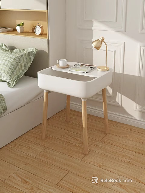 Functional Desk With White Top Wooden Legs For Bedroom Side With Cup Magazine And Lamp 3d model 