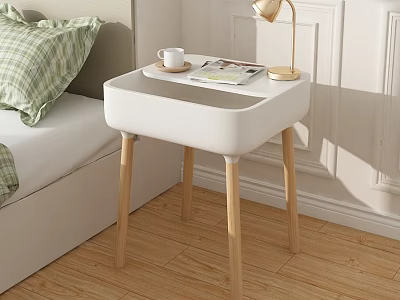 Functional Desk With White Top Wooden Legs For Bedroom Side With Cup Magazine And Lamp 3d model