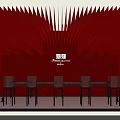 Red Themed Banquet Hall With Decorative Wall Panels Ceiling Design Long Tables And Chairs