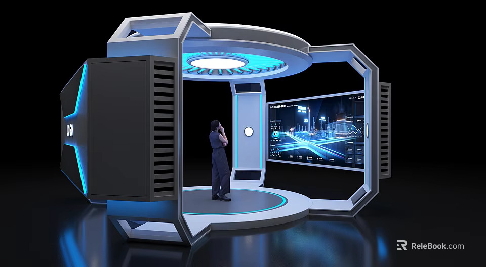 Futuristic Exhibition Hall with Circular Design Blue Lighting Digital Screen and Person Interaction 3d model 