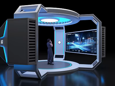 Futuristic Exhibition Hall with Circular Design Blue Lighting Digital Screen and Person Interaction 3d model