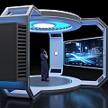 Futuristic Exhibition Hall with Circular Design Blue Lighting Digital Screen and Person Interaction