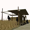 Thatched Roof Wooden Pavilion In Golden Grassland With Stairs And People Around