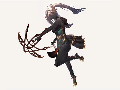 White Haired Female Character Holding Creature Like Weapon In Dynamic Black Outfit Pose 3d model