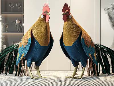 Colorful Rooster Sculptures With Golden Blue And Green Feathers For Home Decor 3d model