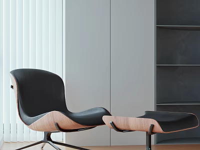 Modern Leisure Chair with Black Cushion Wooden Base and Matching Ottoman in Minimalist Interior 3d model