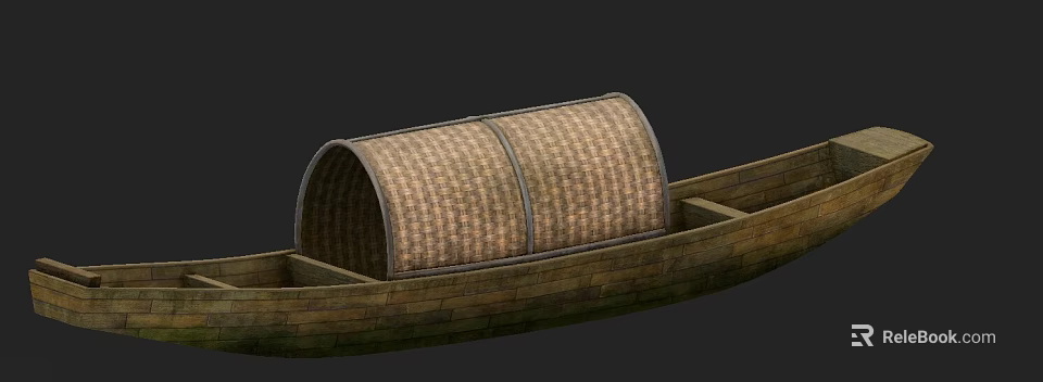 Traditional Wooden Boat Featuring Brown Woven Canopy And Wooden Hull Design 3d model 