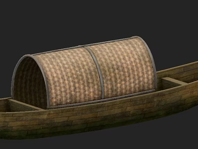 Traditional Wooden Boat Featuring Brown Woven Canopy And Wooden Hull Design 3d model