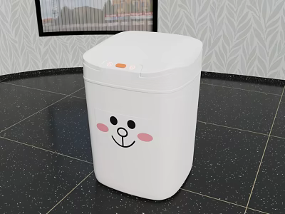 Public Facility White Trash Can With Cartoon Smiley Face And Pink Cheeks 3d model