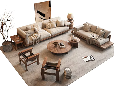Modern Natural Living Room Interior With Wooden Sofa Coffee Table Set And Area Rug 3d model