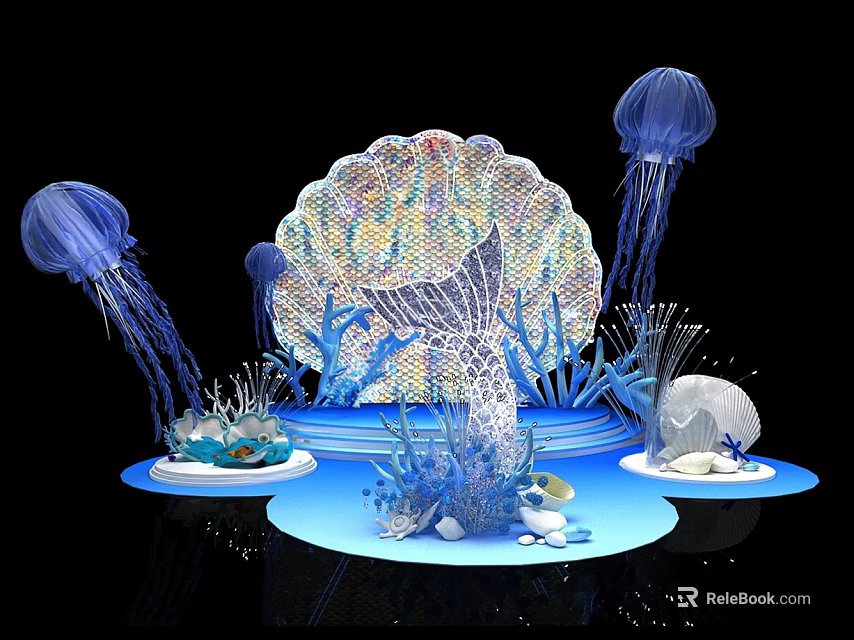 Marine Themed Decorative Display With Blue Jellyfish Shell Coral And Stones 3d model 