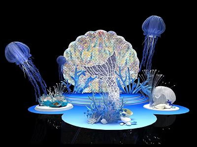 Marine Themed Decorative Display With Blue Jellyfish Shell Coral And Stones 3d model