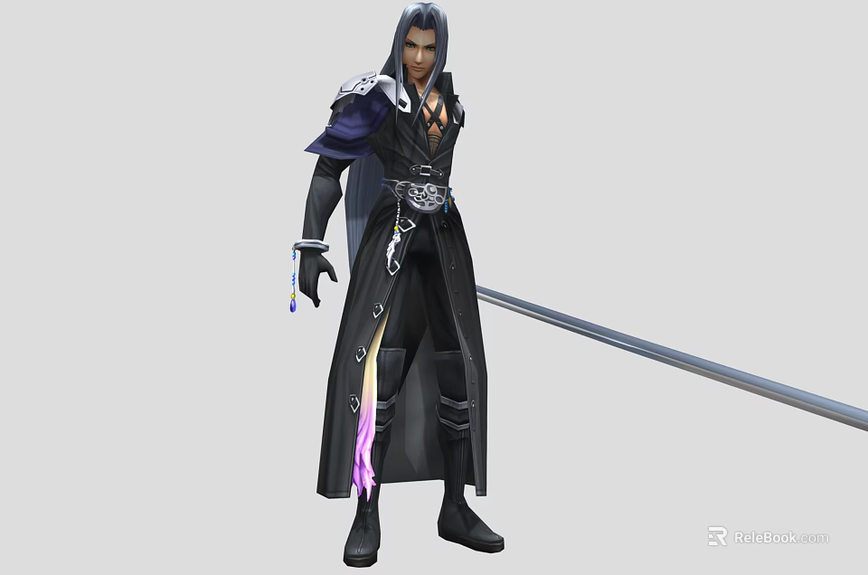 Man in Black Long Coat with Long Hair holding a Long Sword and Purple Accents 3d model 