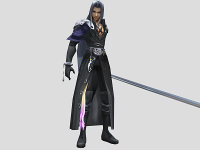 Man in Black Long Coat with Long Hair holding a Long Sword and Purple Accents 3d model