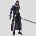 Man in Black Long Coat with Long Hair holding a Long Sword and Purple Accents