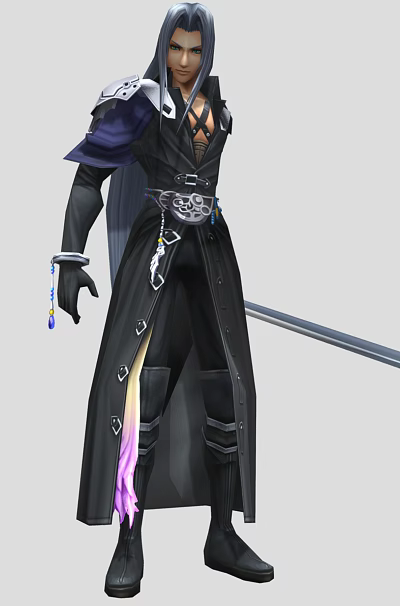 Man in Black Long Coat with Long Hair holding a Long Sword and Purple Accents 3d model