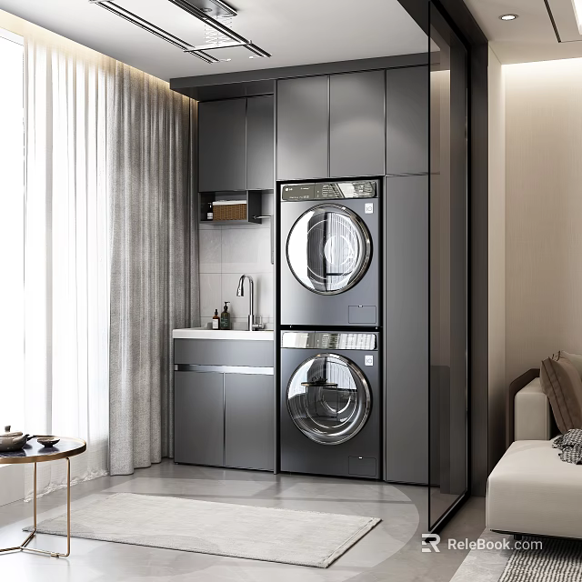 Modern Living Dining Room With Grey Cabinets Stacked Washing Machine Dryer And Small Sink 3d model 