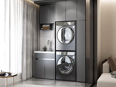Modern Living Dining Room With Grey Cabinets Stacked Washing Machine Dryer And Small Sink 3d model