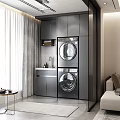 Modern Living Dining Room With Grey Cabinets Stacked Washing Machine Dryer And Small Sink
