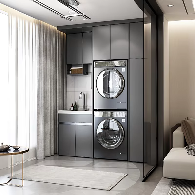 Modern Living Dining Room With Grey Cabinets Stacked Washing Machine Dryer And Small Sink 3d model