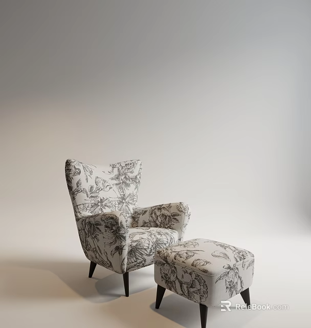 Modern Floral Pattern Single Sofa Interior Design With Armrest And Ottoman 3d model 