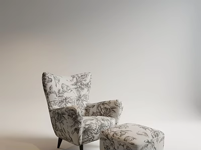 Modern Floral Pattern Single Sofa Interior Design With Armrest And Ottoman 3d model