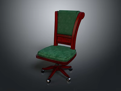 Classic Single Chair With Green Cushioned Back Seat And Mahogany Wooden Swivel Wheeled Base 3d model