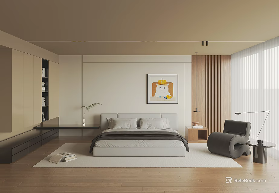 Modern Minimalist Bedroom Interior With Bed Dog Crown Wall Art Wooden Flooring And Accent Chair 3d model 